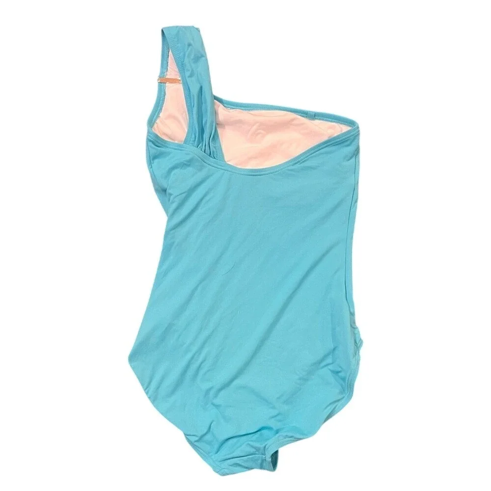 Michael Kors One Shoulder One Piece Swimsuit Turquoise Blue Gold Logo‎ Sz 6